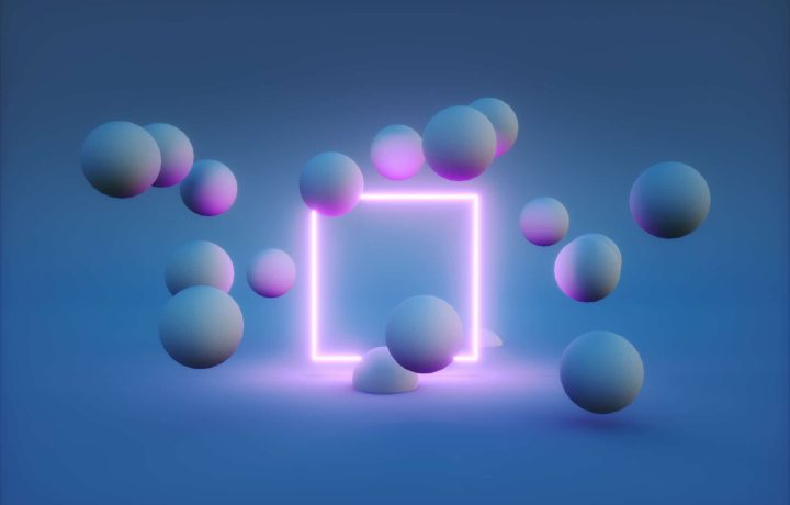 3d render of neon frame with balls around it. modern technology concept. High quality 3d illustration